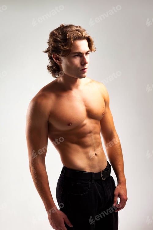 Preview: Portrait of sporty healthy strong muscle guy with perfect sexy bare torso