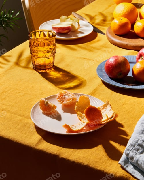 Preview: Food, breakfast with fruit. Table covering bright yellow linen tablecloth, sunlight deep hard shadow
