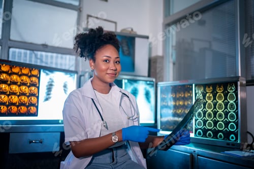 Preview: Team of doctors discuss results of X-Ray or MRI scan of patient's brain in medicine office of clinic