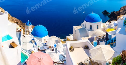 Preview: Santorini, Greece. Panoramic view of traditional houses in Santorini.