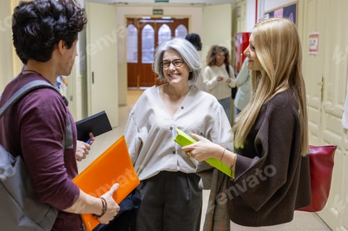 Preview: Teacher talking with students in school hallway