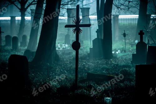 Preview: Mysterious and eerie cemetery scene with tombstones and crosses surrounded by fog and dim light