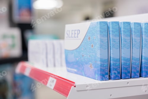 Preview: Healthcare retail store with pharmaceutical products and sleeping pills packages on shelves