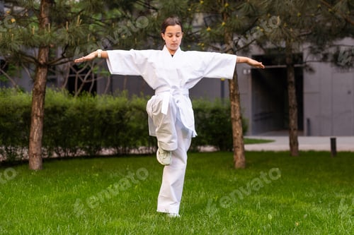 Preview: young girl in a white kimono, karate