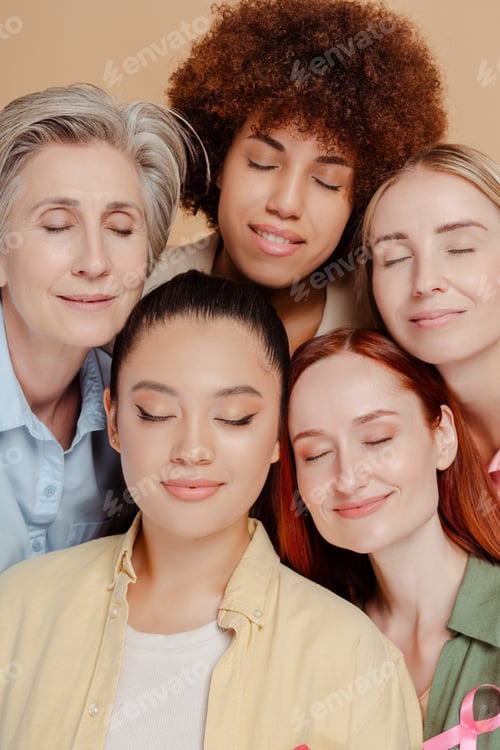 Preview: Women faces with eyes closed wearing breast cancer pink ribbon isolated on background