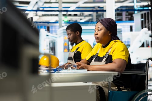 Preview: Photovoltaics factory engineer with physical impairment using PC