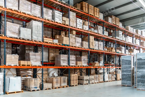 Preview: Commercial logistics warehouse storing goods on tall racks