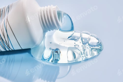 Preview: Shampoo pouring out of a small tube on a blue background. Texture.