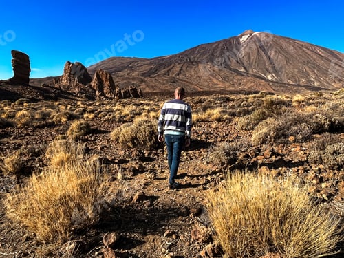 Preview: Man walking in Teide National Park, volcanic landscape, lava field, desert, Tenerife, Canary Islands