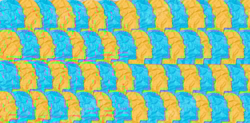 Vista previa: Cabezales de papel recortados en amarillo y azul en fila. Unidad, personas que se unen.