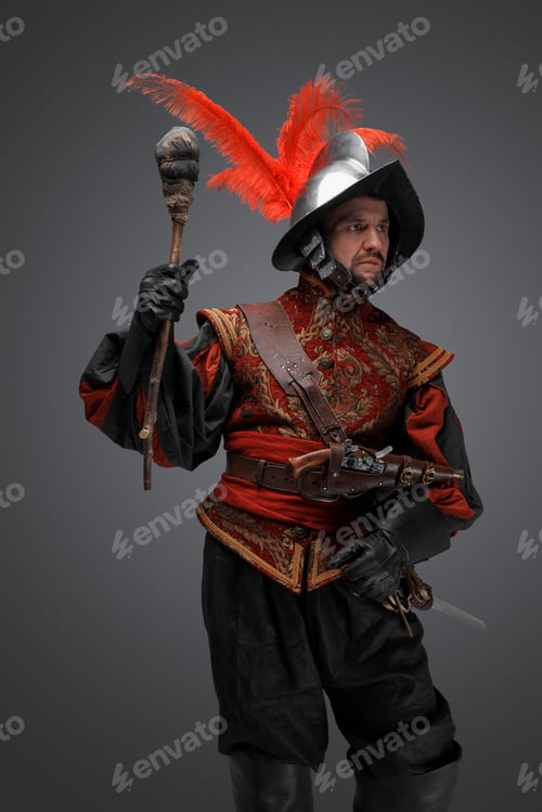 Preview: Medieval conquistador dressed in stylish clothes holding torch