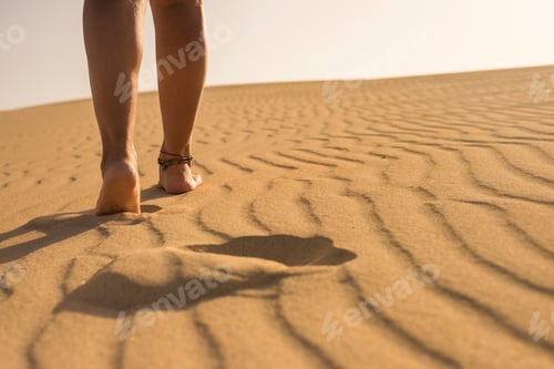 Preview: Close up view of beautiful women legs walking on the desert sand