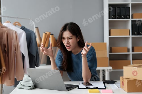 Preview: Portrait of selling business SME business owners working, female entrepreneurs are stressed
