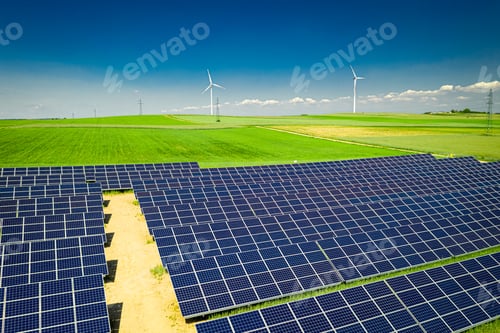 Preview: Stunning view of solar panels in spring, Poland from above