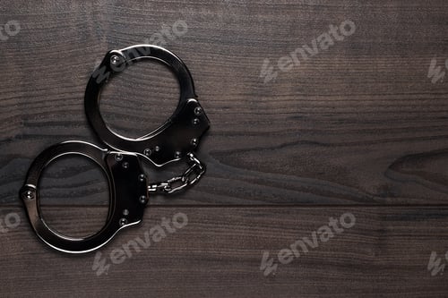 Preview: Handcuffs On Brown Wooden Table Background