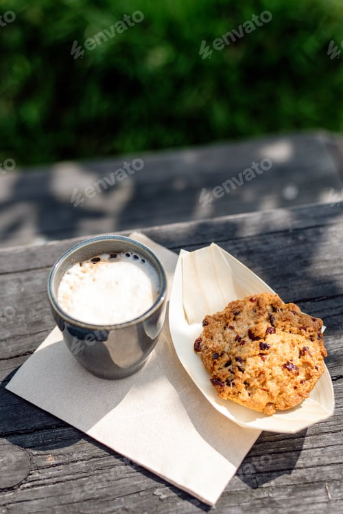 Preview: Cup of cappuccino and oatmeal cookies on the table in an outdoor cafe.