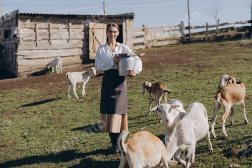 Preview: Young Woman in Countryside Farm Setting Feeding Goats, Holding Traditional Metal Milk Can