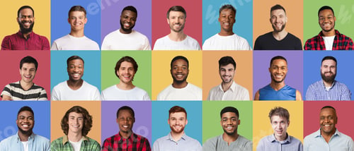 Preview: Composite creative collage of happy diverse multicultural men