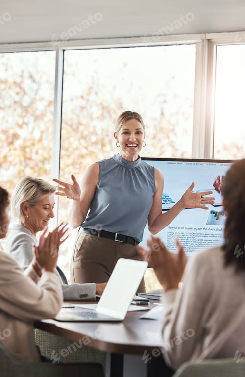 Preview: Business presentation, woman and applause at team building seminar for company growth. Working, mar