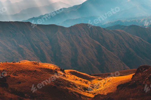 Preview: Top View Mulayit Taung golden light of the morning sun and the mist covered on Mount Mulayit,Myanmar