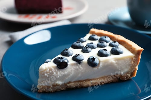 Preview: Plate with piece of tasty blueberry cake on table
