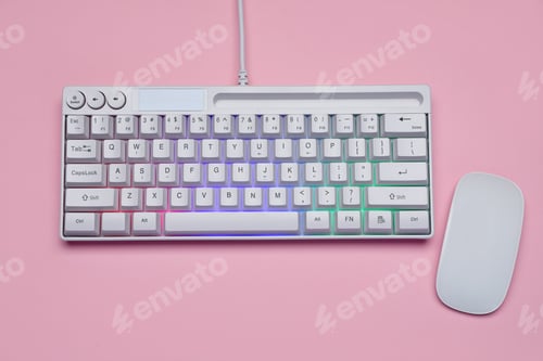 Preview: White keyboard with RGB lighting and mouse on pink background, top view