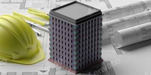 Preview: Skyscraper building construction, blueprints background. 3d illustration