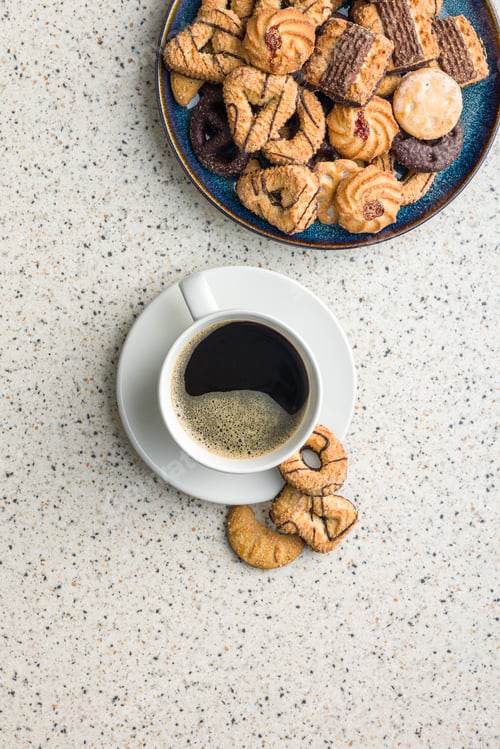 Preview: Assorted various cookies. Sweet biscuits and coffee cup. Top view.