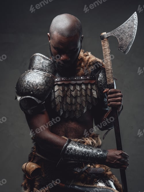 Preview: Evil manly warrior wearing royal antique armor and wielding an axe