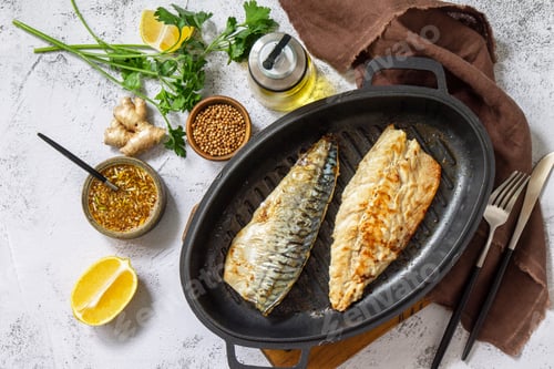 Preview: Grilled baked mackerel with ginger mustard honey sauce.