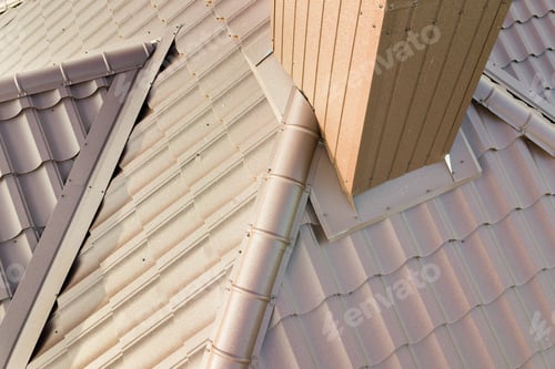 Preview: Aerial view of house roof structure covered with brown metal tile sheets