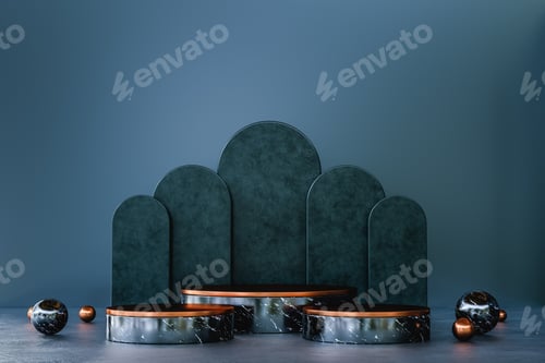 Preview: Three cylindrical marble podiums for product presentation.