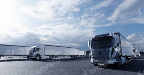 Preview: Fleet of new heavy trucks. Transportation, shipping industry