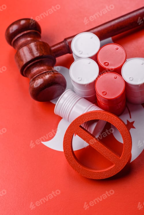 Preview: Barrels of oil, gas, or chemicals on the hong kong flag and a ban sign. Barrels of hong kong oil