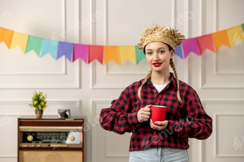 Preview: festa junina cute girl in straw hat brazilian midsummer with retro radio colorful flags holding cup