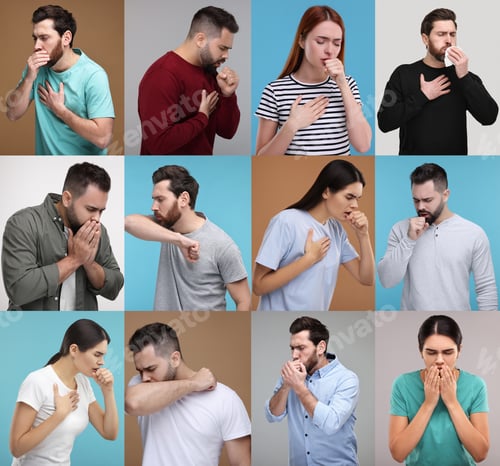 Preview: People coughing. Set of portraits on different colors backgrounds