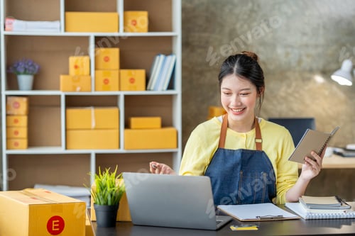 Preview: Starting small businesses SME owners female entrepreneurs Use a laptop or notebook to receive and re