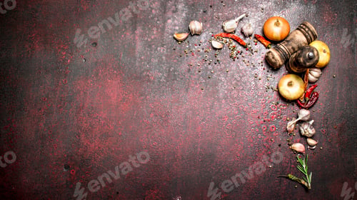 Preview: Fresh spices. A variety of aromatic spices with chili peppers and onions. On rustic background.