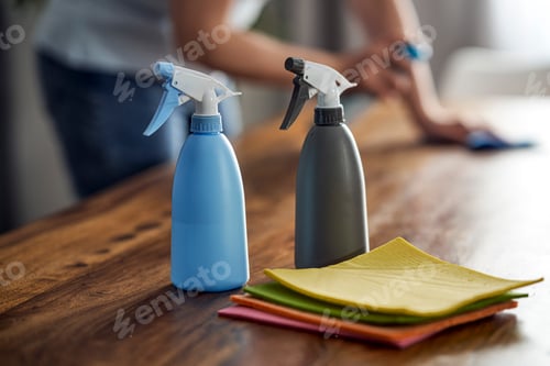 Preview: Close up of cleaning products on the table at home