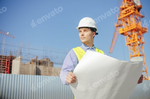 Preview: Construction engineer or architects student with drawing at construction site