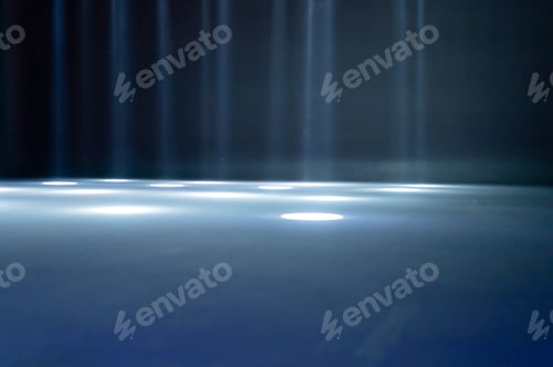 Preview: blurred rays of light on disco floor. white blue neon searchlight lights. laser lines and lighting e