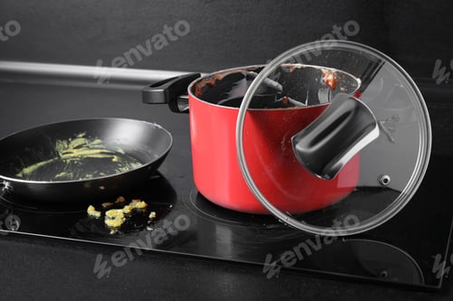Preview: Dirty pot and frying pan on cooktop in kitchen