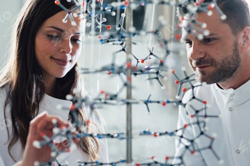 Preview: Two scientists examining a molecular model in a lab.