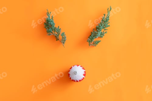 Preview: reindeer face made of pine wood branches cones and ball decoration on pink and orange background iso