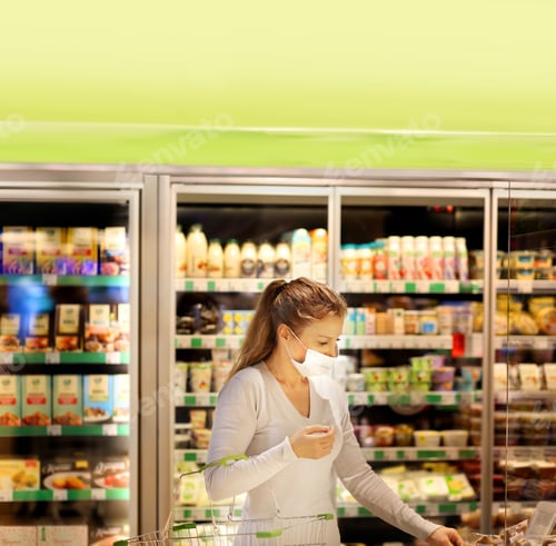 Preview: Supermarket Shopping, Face Mask,Woman Choosing A Dairy Products At Supermarket