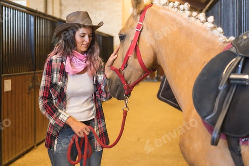 Preview: Two cowgirl women preparing to ride a horse in a stable, southern usa hats and jeans