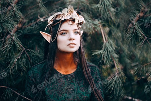 Preview: beautiful elf woman fabulous, fairy forest, famtasy young woman with long ears, long dark hair