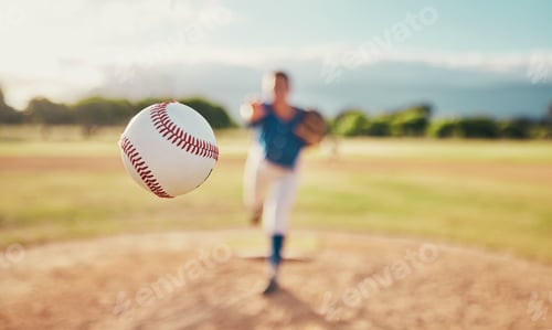 Preview: Baseball, sport and ball with a sports woman, athlete or pitcher throwing and pitching a ball durin