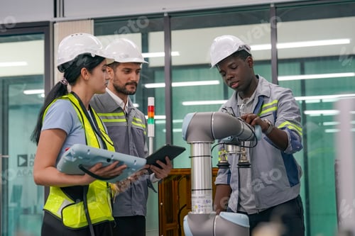 Preview: Robotic Arm engineer check on equipment in its with software of Artificial Intelligence Unit.