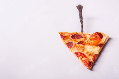 Preview: Piece of pepperoni pizza with sausages and tomato on white background